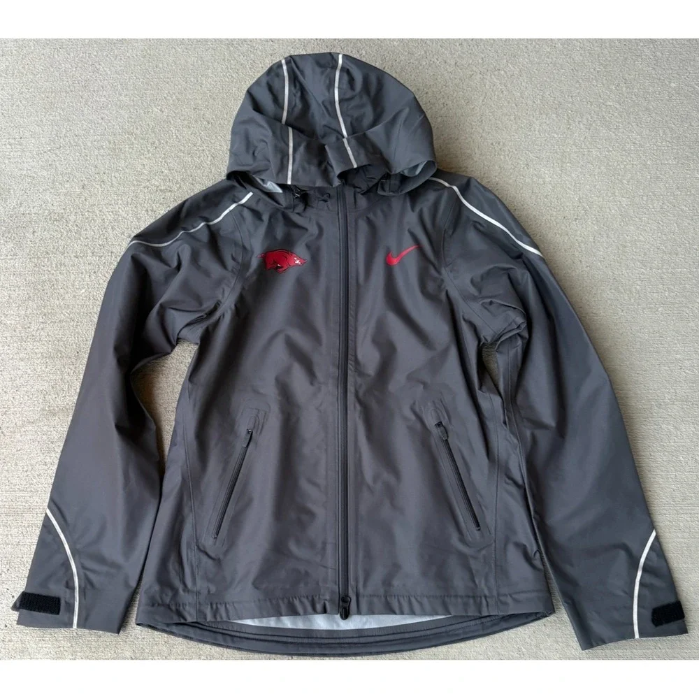 Nike‎ Mens Rain Jacket Dark Gray Full Zip Hooded Arkansas Razorbacks Logo Size S